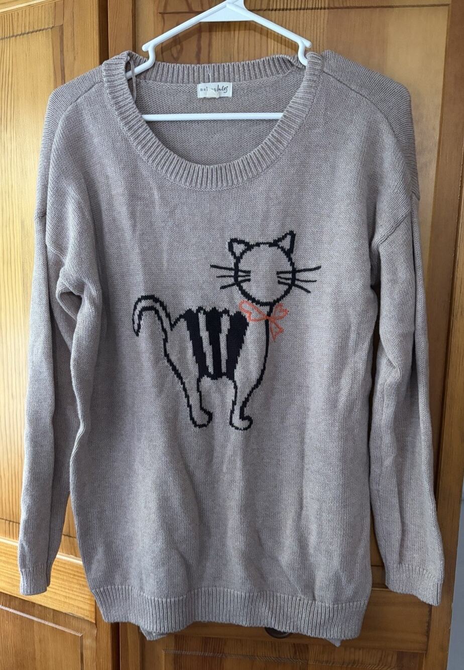 Maison Jules Womens Pullover Beige Cat Sweater Size M